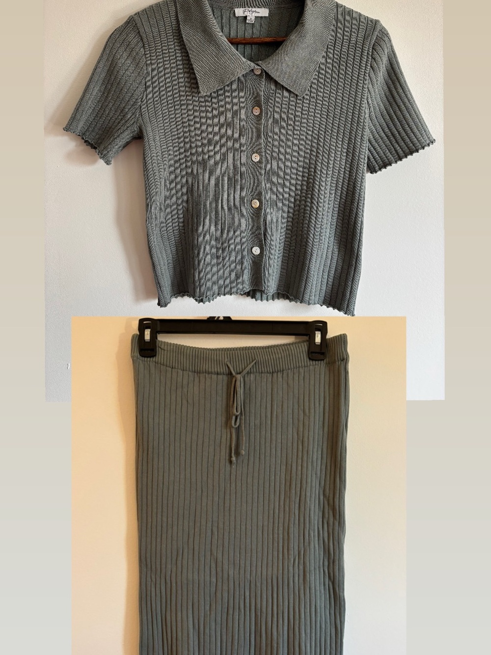 Ribbed Knit Skirt & shirt Set in Sage Green